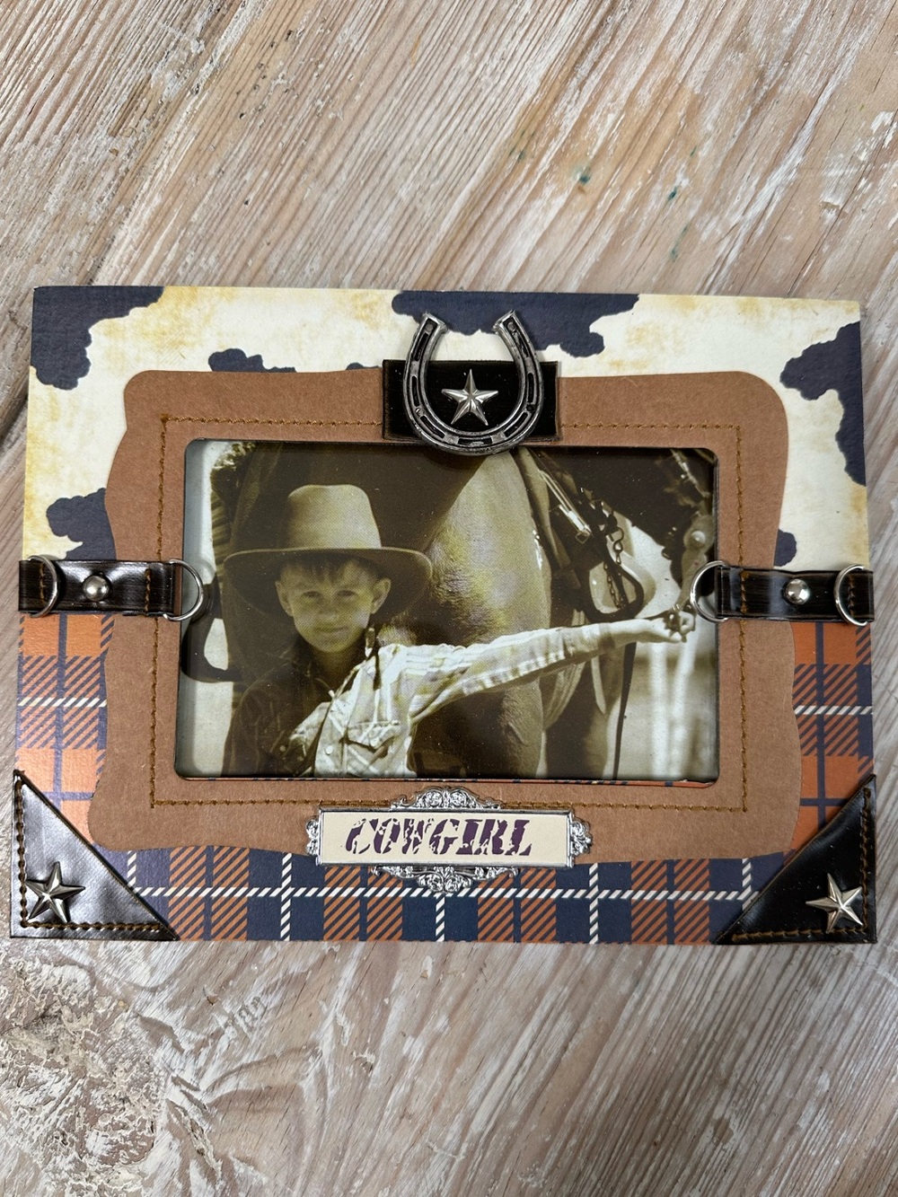 NIB Cowgirl Western Themed Photo Frame 3”x5” Plaid Silver Horseshoe and Stars